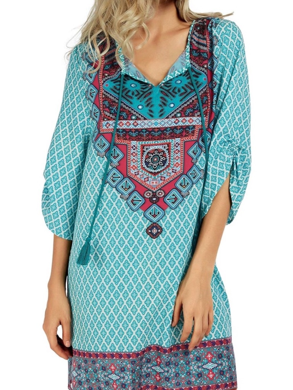 Turquoise Printed Boho swim suit cover -up with Tassel Tie